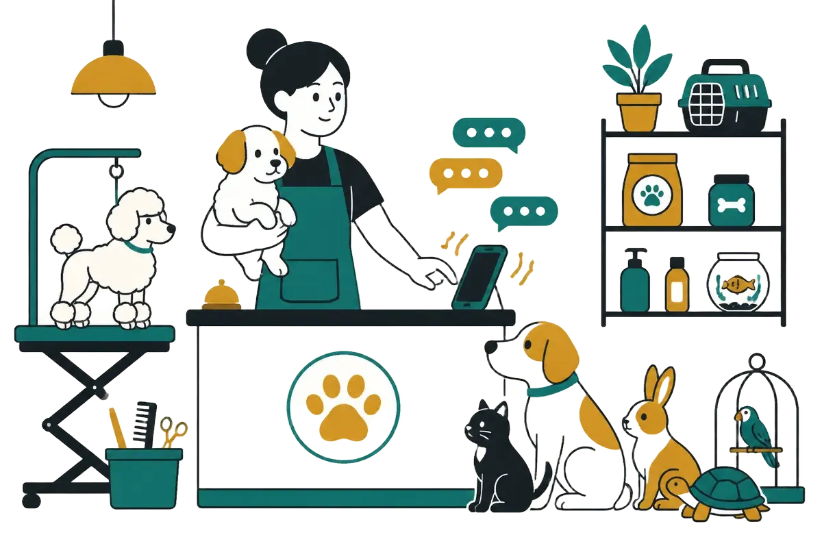Ilustração do balcão de um petshop cheio: atendente com um cachorro no colo, celular com mensagens sem resposta e fila de bichos esperando